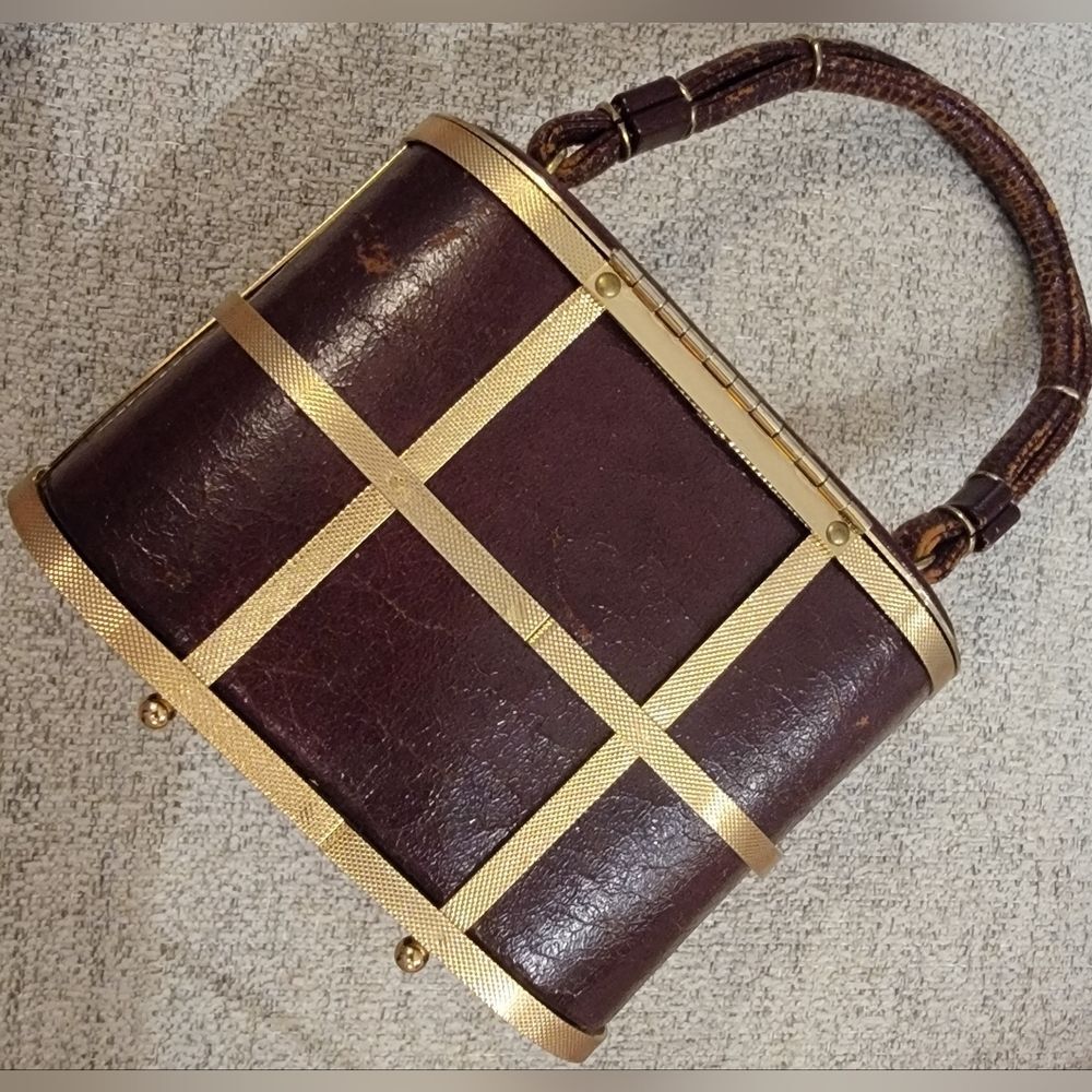 Rare #Vintage #1950s #Etra Brown & Gold Cage #Handbag #Purse - Picture 3 of 9